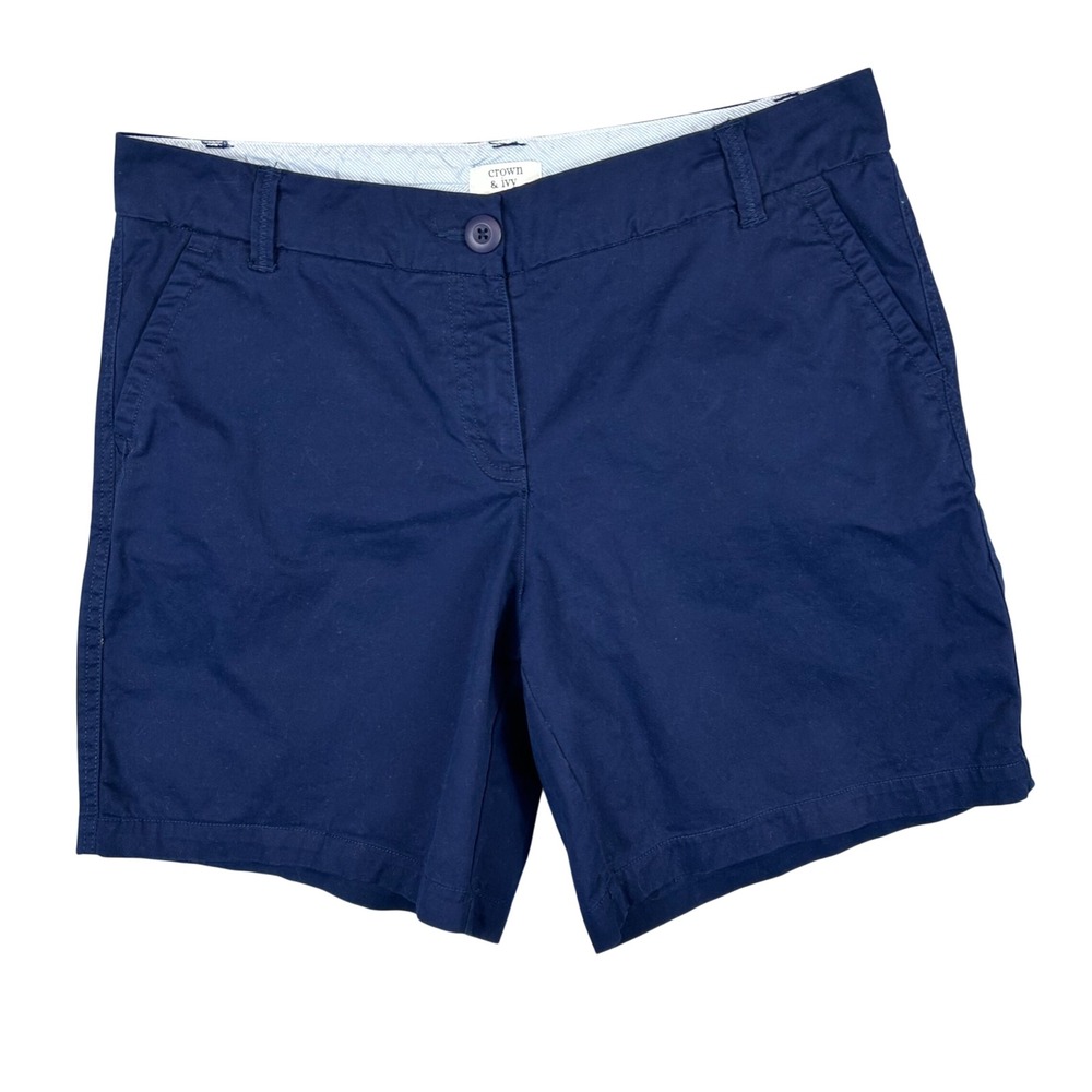 Crown & Ivy Caroline Navy Blue Chino Shorts Women Size 8 Stretch Cotton Mid Rise